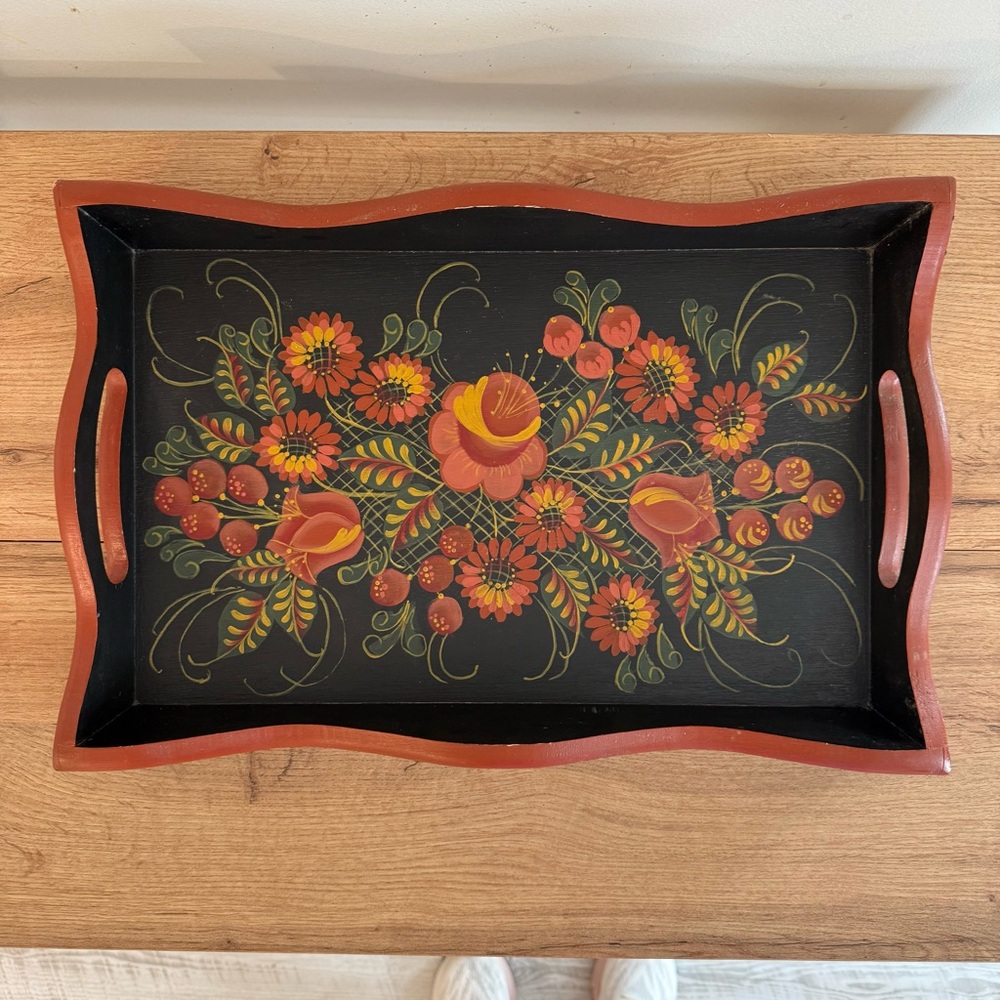 Vintage Hand Painted Wood Tray Folk Art Tolework Floral Black Punk Green Unique